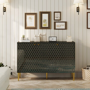 English Elm 3 Door Black Cabinet with Honeycomb Texture Gold Hardware and Iron Legs for Modern Spaces T3609P548456