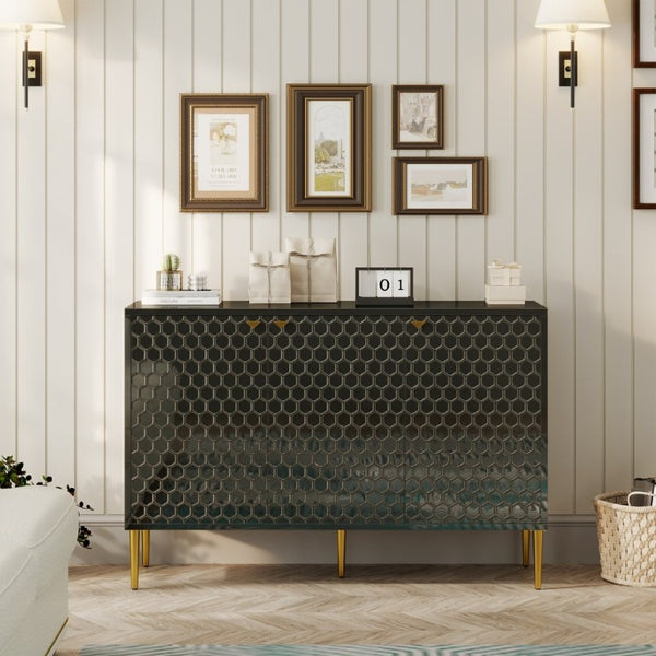 English Elm 3 Door Black Cabinet with Honeycomb Texture Gold Hardware and Iron Legs for Modern Spaces T3609P548456
