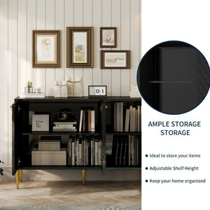 English Elm 3 Door Black Cabinet with Honeycomb Texture Gold Hardware and Iron Legs for Modern Spaces T3609P548456
