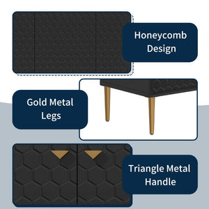 English Elm 3 Door Black Cabinet with Honeycomb Texture Gold Hardware and Iron Legs for Modern Spaces T3609P548456
