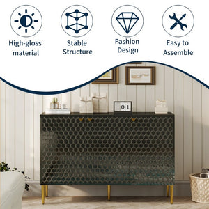 English Elm 3 Door Black Cabinet with Honeycomb Texture Gold Hardware and Iron Legs for Modern Spaces T3609P548456