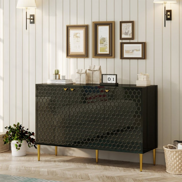English Elm 3 Door Black Cabinet with Honeycomb Texture Gold Hardware and Iron Legs for Modern Spaces T3609P548456