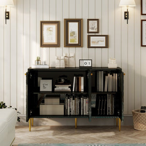 English Elm 3 Door Black Cabinet with Honeycomb Texture Gold Hardware and Iron Legs for Modern Spaces T3609P548456