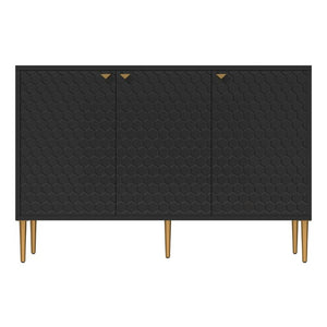 English Elm 3 Door Black Cabinet with Honeycomb Texture Gold Hardware and Iron Legs for Modern Spaces T3609P548456