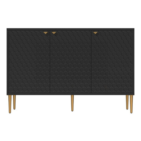 English Elm 3 Door Black Cabinet with Honeycomb Texture Gold Hardware and Iron Legs for Modern Spaces T3609P548456