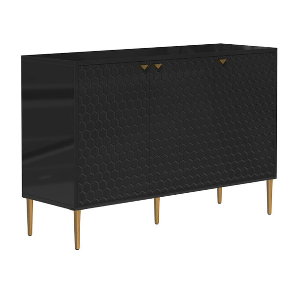 English Elm 3 Door Black Cabinet with Honeycomb Texture Gold Hardware and Iron Legs for Modern Spaces T3609P548456