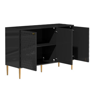 English Elm 3 Door Black Cabinet with Honeycomb Texture Gold Hardware and Iron Legs for Modern Spaces T3609P548456