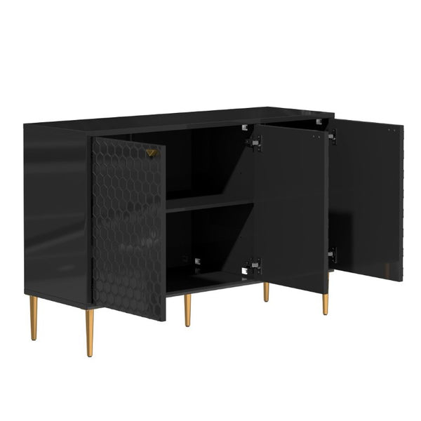 English Elm 3 Door Black Cabinet with Honeycomb Texture Gold Hardware and Iron Legs for Modern Spaces T3609P548456