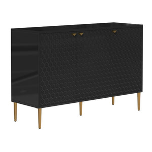 English Elm 3 Door Black Cabinet with Honeycomb Texture Gold Hardware and Iron Legs for Modern Spaces T3609P548456