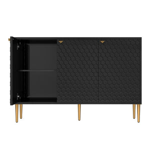 English Elm 3 Door Black Cabinet with Honeycomb Texture Gold Hardware and Iron Legs for Modern Spaces T3609P548456