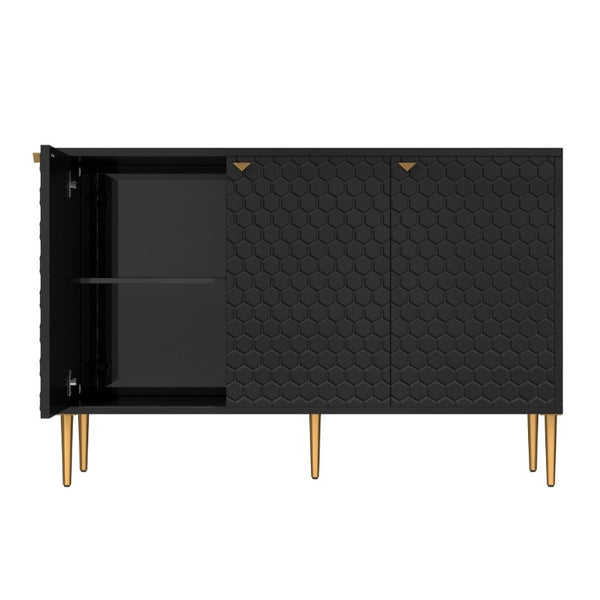 English Elm 3 Door Black Cabinet with Honeycomb Texture Gold Hardware and Iron Legs for Modern Spaces T3609P548456