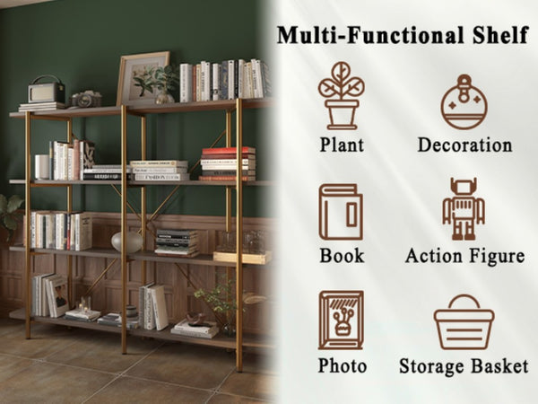 English Elm 74.6 Inch Gold Steel Four Tier Open Bookshelf with MDF Shelves for Modern Interiors T3609P548457