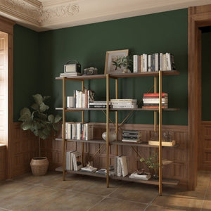 English Elm 74.6 Inch Gold Steel Four Tier Open Bookshelf with MDF Shelves for Modern Interiors T3609P548457
