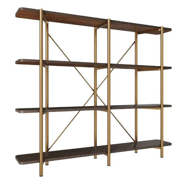 English Elm 74.6 Inch Gold Steel Four Tier Open Bookshelf with MDF Shelves for Modern Interiors T3609P548457