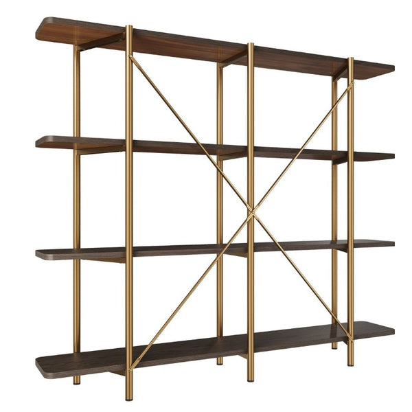 English Elm 74.6 Inch Gold Steel Four Tier Open Bookshelf with MDF Shelves for Modern Interiors T3609P548457