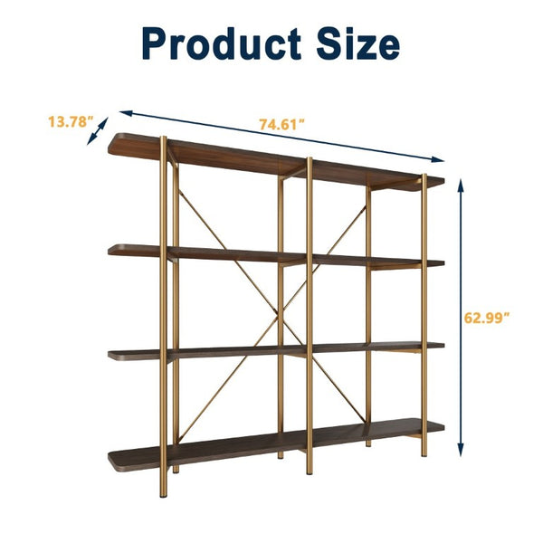 English Elm 74.6 Inch Gold Steel Four Tier Open Bookshelf with MDF Shelves for Modern Interiors T3609P548457