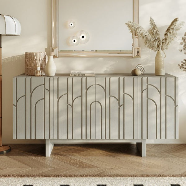English Elm 63''Wide Creamy White Sideboard with Leaf Panel Doors and Adjustable Shelving Storage T3609P548680