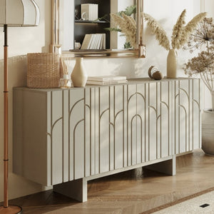 English Elm 63''Wide Creamy White Sideboard with Leaf Panel Doors and Adjustable Shelving Storage T3609P548680