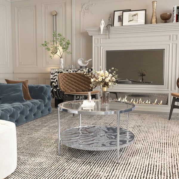 English Elm 31.5 Inch Two Tier Stainless Steel Glass Coffee Table Modern Industrial Living Room T3609P548681