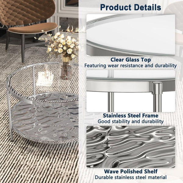 English Elm 31.5 Inch Two Tier Stainless Steel Glass Coffee Table Modern Industrial Living Room T3609P548681