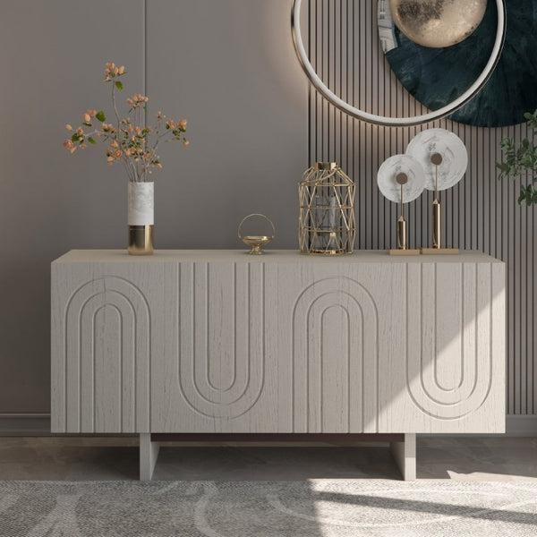 English Elm 4 Door Fluted Accent Cabinet Cream Finish MDF Sideboard with Adjustable Shelving T3609P548682