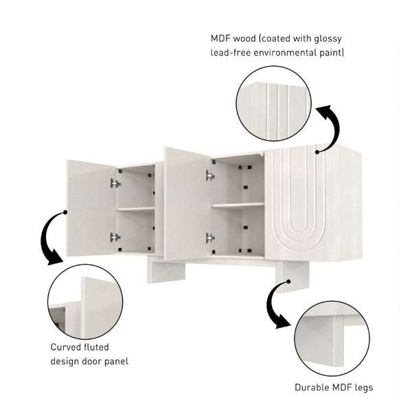 English Elm 4 Door Fluted Accent Cabinet Cream Finish MDF Sideboard with Adjustable Shelving T3609P548682