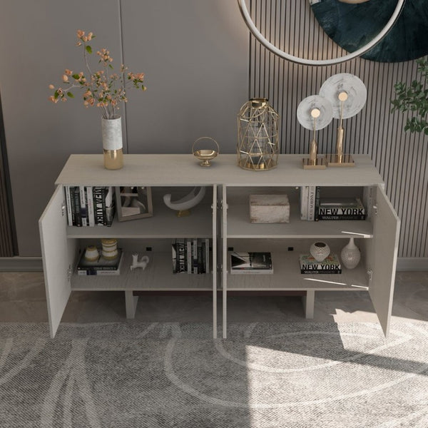 English Elm 4 Door Fluted Accent Cabinet Cream Finish MDF Sideboard with Adjustable Shelving T3609P548682