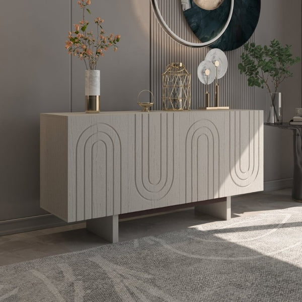 English Elm 4 Door Fluted Accent Cabinet Cream Finish MDF Sideboard with Adjustable Shelving T3609P548682