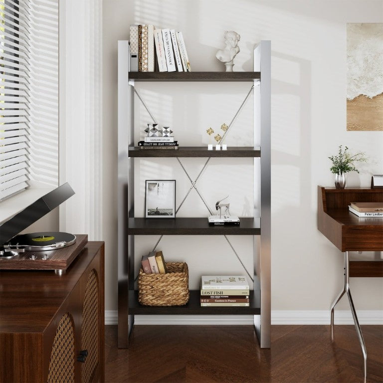 English Elm Stainless Steel and MDF Four Tier Open Bookshelf with Industrial X Brace Frame T3609P548683
