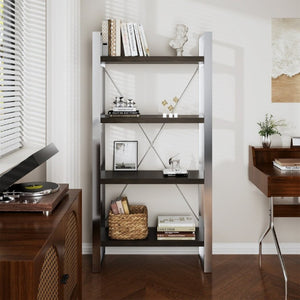 English Elm Stainless Steel and MDF Four Tier Open Bookshelf with Industrial X Brace Frame T3609P548683