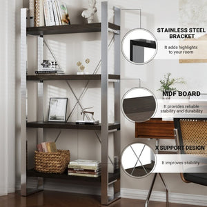English Elm Stainless Steel and MDF Four Tier Open Bookshelf with Industrial X Brace Frame T3609P548683