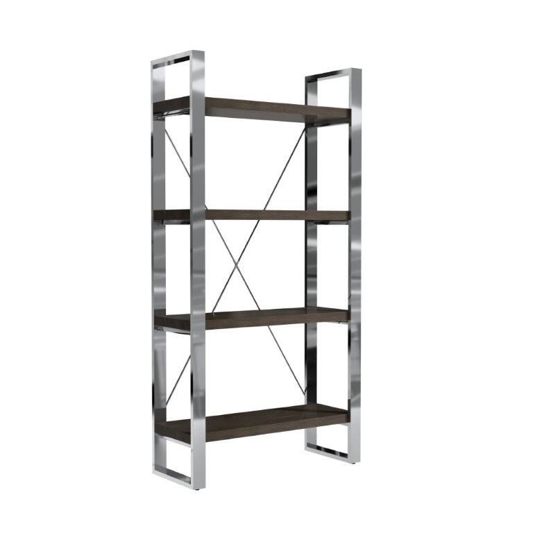 English Elm Stainless Steel and MDF Four Tier Open Bookshelf with Industrial X Brace Frame T3609P548683