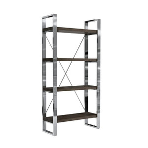 English Elm Stainless Steel and MDF Four Tier Open Bookshelf with Industrial X Brace Frame T3609P548683