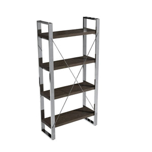 English Elm Stainless Steel and MDF Four Tier Open Bookshelf with Industrial X Brace Frame T3609P548683