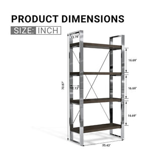 English Elm Stainless Steel and MDF Four Tier Open Bookshelf with Industrial X Brace Frame T3609P548683