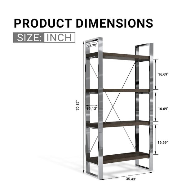 English Elm Stainless Steel and MDF Four Tier Open Bookshelf with Industrial X Brace Frame T3609P548683