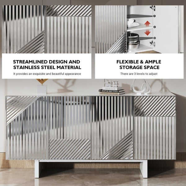 English Elm 4-Door Stainless Steel Sideboard Modern Push Open Storage Cabinet for Living Room T3609P548684