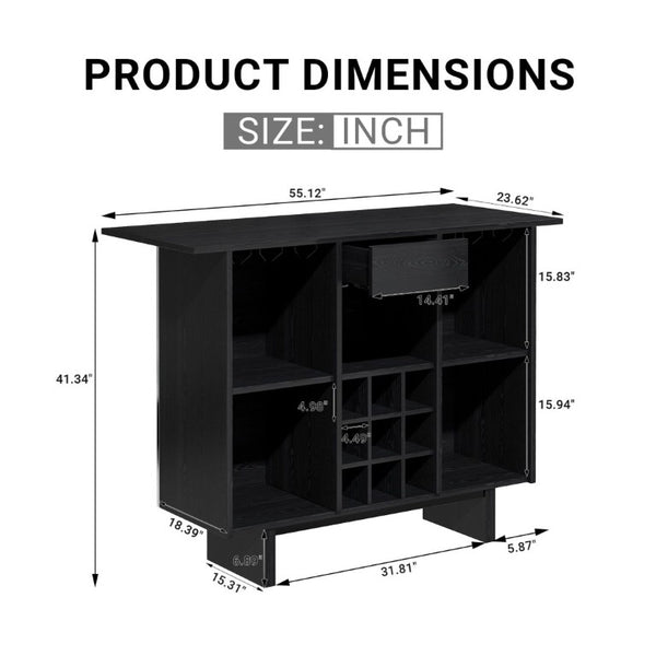 English Elm Coffee Bar Cabinet with Stainless Steel Back Wine Rack and Open Storage Bays T3609P548685