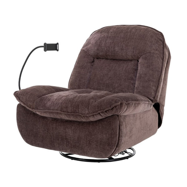 English Elm Brown Chenille Power Swivel Recliner with 360 Rotation and Built-In Phone Holder T3609P548686