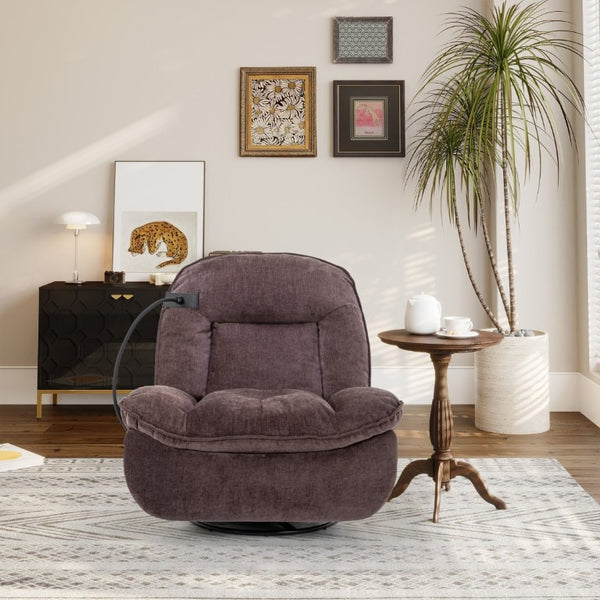English Elm Brown Chenille Power Swivel Recliner with 360 Rotation and Built-In Phone Holder T3609P548686