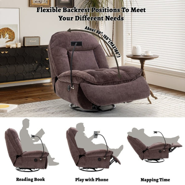 English Elm Brown Chenille Power Swivel Recliner with 360 Rotation and Built-In Phone Holder T3609P548686