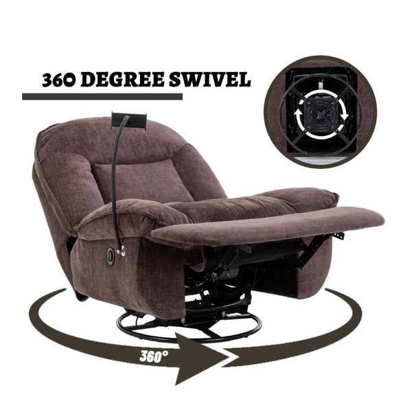 English Elm Brown Chenille Power Swivel Recliner with 360 Rotation and Built-In Phone Holder T3609P548686