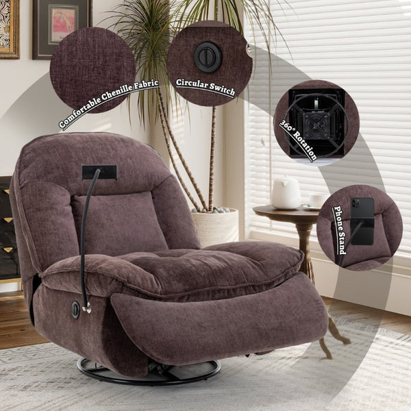 English Elm Brown Chenille Power Swivel Recliner with 360 Rotation and Built-In Phone Holder T3609P548686