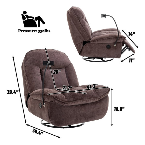 English Elm Brown Chenille Power Swivel Recliner with 360 Rotation and Built-In Phone Holder T3609P548686
