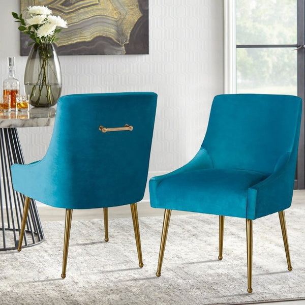 English Elm Velvet Upholstered Dining Arm Chairs with Brass Legs Mid-Century Style Set of 2 T3609P548687
