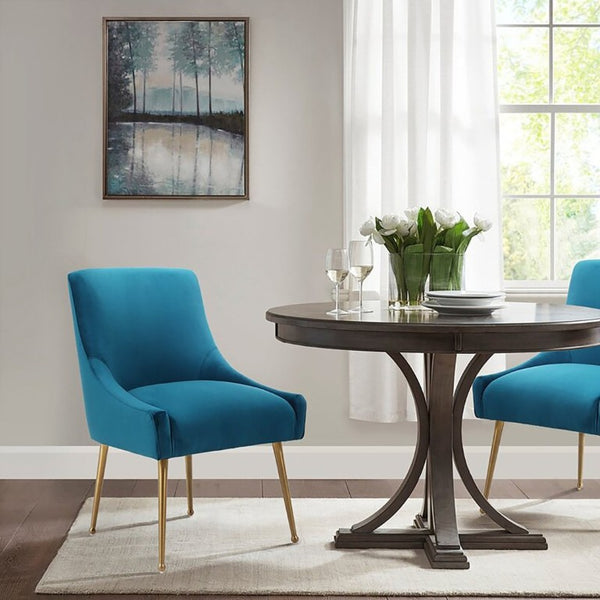 English Elm Velvet Upholstered Dining Arm Chairs with Brass Legs Mid-Century Style Set of 2 T3609P548687