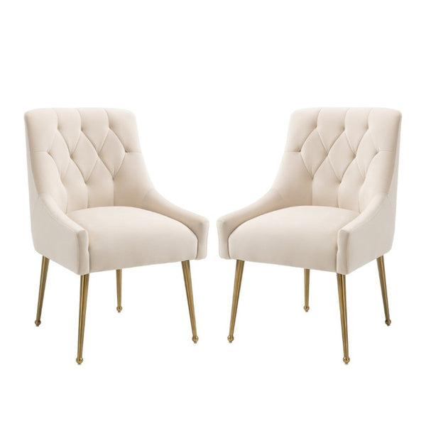 English Elm Tufted Velvet Dining Chairs with Gold Legs Button Back Glam Set of Two T3609P548688
