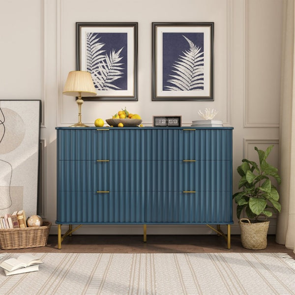 English Elm 3 Drawer Glam Accent Chest with Sculptural Panel Front Gold Hardware Bold Blue T3609P548691