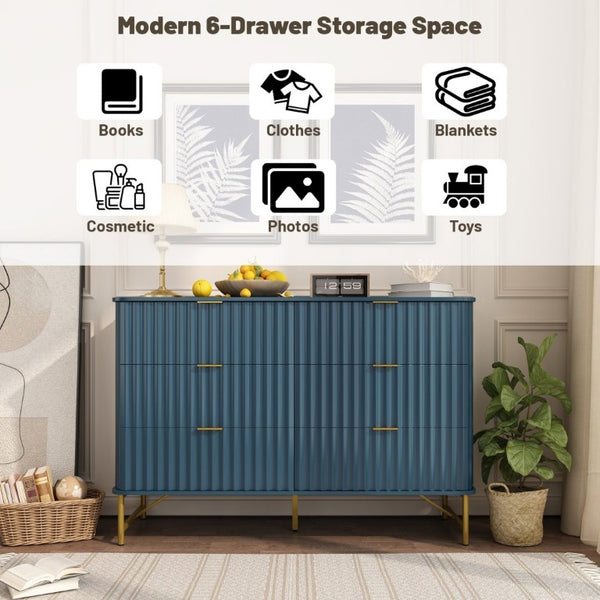 English Elm 3 Drawer Glam Accent Chest with Sculptural Panel Front Gold Hardware Bold Blue T3609P548691