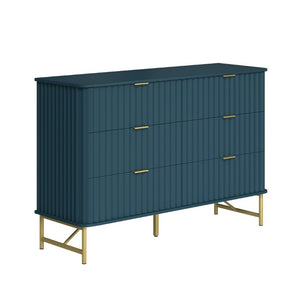 English Elm 3 Drawer Glam Accent Chest with Sculptural Panel Front Gold Hardware Bold Blue T3609P548691